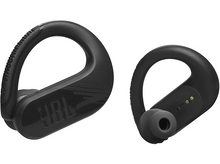 Charger l&#39;image dans la galerie, Écouteurs JBL noirs, un avec crochet d&#39;oreille, l&#39;autre avec embout. Fond blanc.
