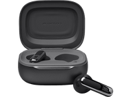 Écouteurs JBL noirs dans un étui de chargement. Un écouteur est à l'extérieur. Étui ouvert.