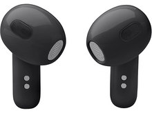 Charger l'image dans la galerie, Deux écouteurs sans fil noirs sur fond blanc. Chacun a un haut-parleur rond et deux boutons.
