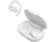 Écouteurs sans fil JBL blancs dans un étui de charge blanc. Écouteurs avec crochets.