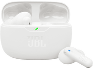 Écouteurs JBL blancs et étui de chargement. L'étui est ouvert, avec un écouteur à côté.