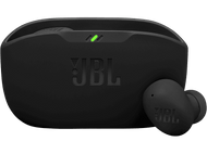 Écouteurs JBL noirs et étui de chargement. L'étui porte le logo JBL. Une lumière verte est allumée.