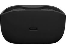 Charger l'image dans la galerie, Étui d'écouteurs JBL noir. Port USB-C en bas. L'étui est fermé. Fond blanc.
