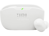 Écouteurs JBL blancs et étui de chargement sur fond blanc.