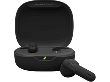 Charger l&#39;image dans la galerie, Écouteurs et étui de chargement noirs JBL Wave Flex 2. Étui ouvert avec un écouteur à l&#39;intérieur, un à l&#39;extérieur.
