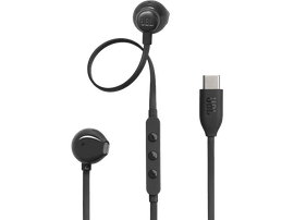 Écouteurs filaires noirs. Trois boutons et un connecteur USB-C. Fond noir.