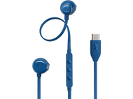 Écouteurs JBL bleus avec câble et connecteur USB-C. Fond noir.