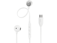 Écouteurs filaires JBL blancs avec télécommande à trois boutons et connecteur USB-C. Le câble est blanc.