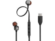 Écouteurs JBL avec câble noir et connecteur USB-C. Les écouteurs sont argentés et oranges.