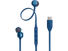 Charger l&#39;image dans la galerie, Écouteurs JBL bleus avec connecteur USB-C. Embouts orange. Fond noir. Boutons de commande sur câble.
