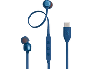 Écouteurs JBL bleus avec connecteur USB-C. Embouts orange. Fond noir. Boutons de commande sur câble.