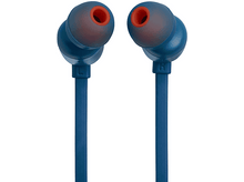 Charger l&#39;image dans la galerie, Écouteurs JBL bleus avec embouts orange. Les écouteurs sont sur un fond blanc. Le logo JBL est visible.
