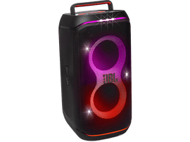 Enceinte JBL noire avec des lumières colorées. Elle a une poignée et une façade en maille avec le logo JBL. Les lumières brillent.