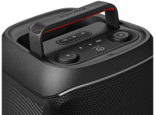 Charger l&#39;image dans la galerie, Haut-parleur noir avec une poignée et des boutons de commande. Poignée et grille rouges.

