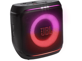 Enceinte JBL carrée noire avec anneau lumineux rouge/violet. Fond noir.