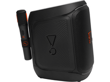 Charger l&#39;image dans la galerie, Haut-parleur portable noir avec un microphone. Le haut-parleur a des accents orange.
