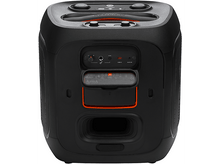 Charger l&#39;image dans la galerie, Haut-parleur noir avec accents oranges. Commandes, entrées et poignée dessus.
