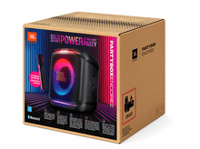Charger l&#39;image dans la galerie, Haut-parleur JBL Partybox Encore 2 dans une boîte avec micro. Haut-parleur noir avec lumières colorées.
