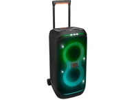 Enceinte JBL noire avec poignée et chariot. L'enceinte est illuminée de lumières vertes et orange.
