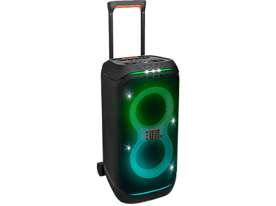 Enceinte JBL noire avec poignée et chariot. L'enceinte est illuminée de lumières vertes et orange.