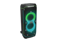 Enceinte JBL noire avec lumières vertes et bleues. Logo JBL visible.