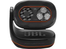 Projecteur de soirée JBL noir avec des accents orange, affichant plusieurs lumières sur fond noir.