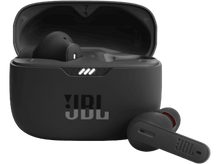 Charger l'image dans la galerie, Écouteurs JBL noirs dans un étui de chargement. Écouteurs et étui sur fond noir.
