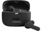 Écouteurs JBL noirs dans un étui de chargement. Écouteurs et étui sur fond noir.