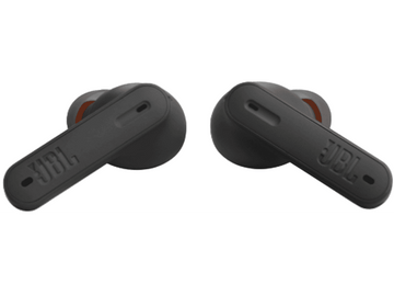 Deux écouteurs JBL noirs avec des accents orange, sur fond blanc.