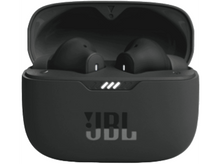 Charger l'image dans la galerie, Écouteurs JBL noirs dans un étui de chargement, fond blanc, vue de dessus.
