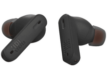 Charger l'image dans la galerie, Deux écouteurs JBL noirs avec des embouts orange, sur fond blanc.
