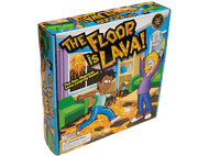 Boîte de jeu pour 'The Floor is Lava'. Des enfants sautent. Une pièce avec de la lave.