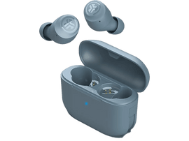 Écouteurs sans fil bleus, étui de charge avec couvercle ouvert et deux écouteurs.