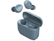 Écouteurs sans fil bleus, étui de charge avec couvercle ouvert et deux écouteurs.