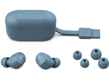 Charger l&#39;image dans la galerie, Un étui de chargement et des écouteurs. Les écouteurs sont bleu clair, ainsi que l&#39;étui et un connecteur USB.
