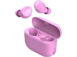 Écouteurs roses et étui de chargement sur fond noir.