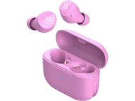 Écouteurs roses et étui de chargement sur fond noir.