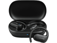 Écouteurs JLab noirs et étui de chargement. Étui ouvert, écouteurs dedans.