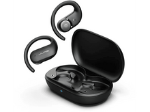 Charger l&#39;image dans la galerie, Écouteurs sans fil noirs et étui de chargement, avec un écouteur détaché, sur fond blanc.
