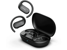 Charger l&#39;image dans la galerie, Écouteurs sans fil noirs, étui de chargement ouvert, deux écouteurs détachés.
