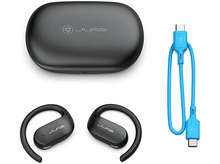 Charger l&#39;image dans la galerie, Écouteurs sans fil avec étui de chargement et câble de chargement bleu. Fond blanc.
