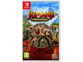 Boîte de jeu Jumanji Wild Adventures pour Nintendo Switch. Elle présente une couverture avec quatre personnages et des animaux.