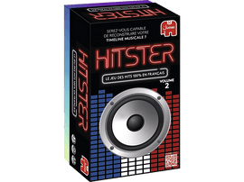 Boîte de jeu Hitster, volume 2, avec graphique de haut-parleur, rayures rouges et bleues, et le mot HITSTER.