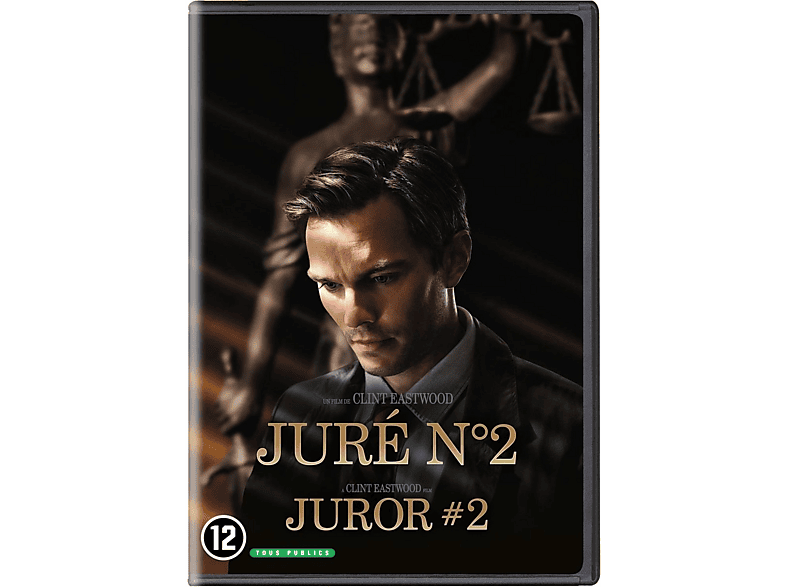 Couverture DVD. Un homme regarde vers le bas, titre 'JURÉ N°2,' 'JUROR #2.' Statue de la justice en arrière-plan.
