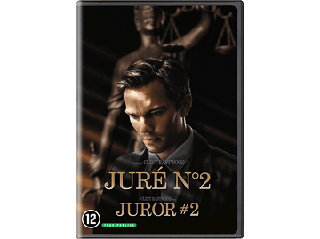 Couverture DVD. Un homme regarde vers le bas, titre 'JURÉ N°2,' 'JUROR #2.' Statue de la justice en arrière-plan.