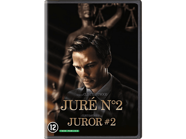 Couverture DVD. Un homme regarde vers le bas, titre 'JURÉ N°2,' 'JUROR #2.' Statue de la justice en arrière-plan.