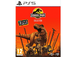 Couverture du jeu vidéo Jurassic Park, une scène de dinosaures avec plusieurs dinos et un fond rouge.