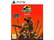 Couverture du jeu vidéo Jurassic Park, une scène de dinosaures avec plusieurs dinos et un fond rouge.