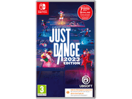 Couverture du jeu Just Dance 2023 Edition. Plusieurs danseurs et captures d'écran du jeu sont visibles. Logo Ubisoft.