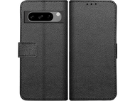 Étui de téléphone noir, ouvert, montrant le téléphone et l'intérieur de l'étui.